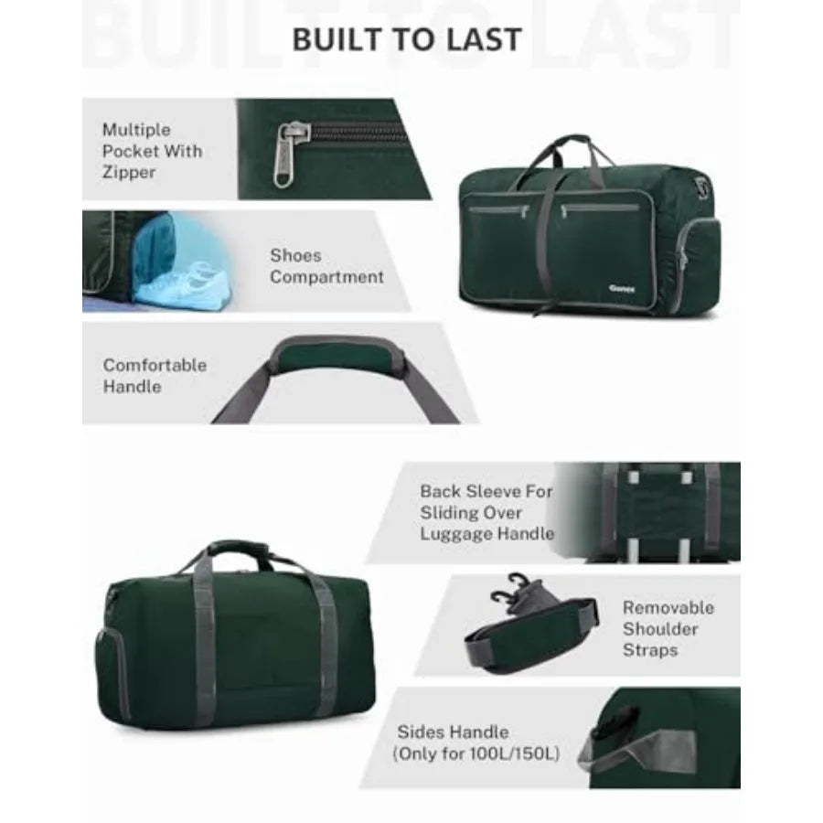 Foldable Travel Duffle Bag With Shoes Compartment Lightweight Water Repellent