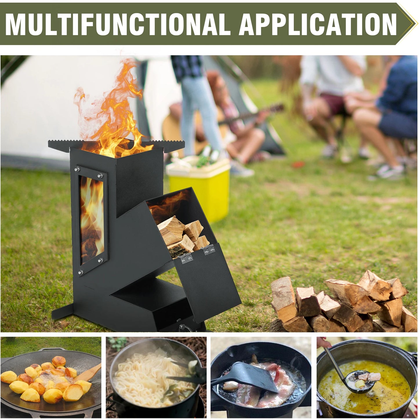 Portable Rocket Stove With Glass Door Wood Burning Camping Grill