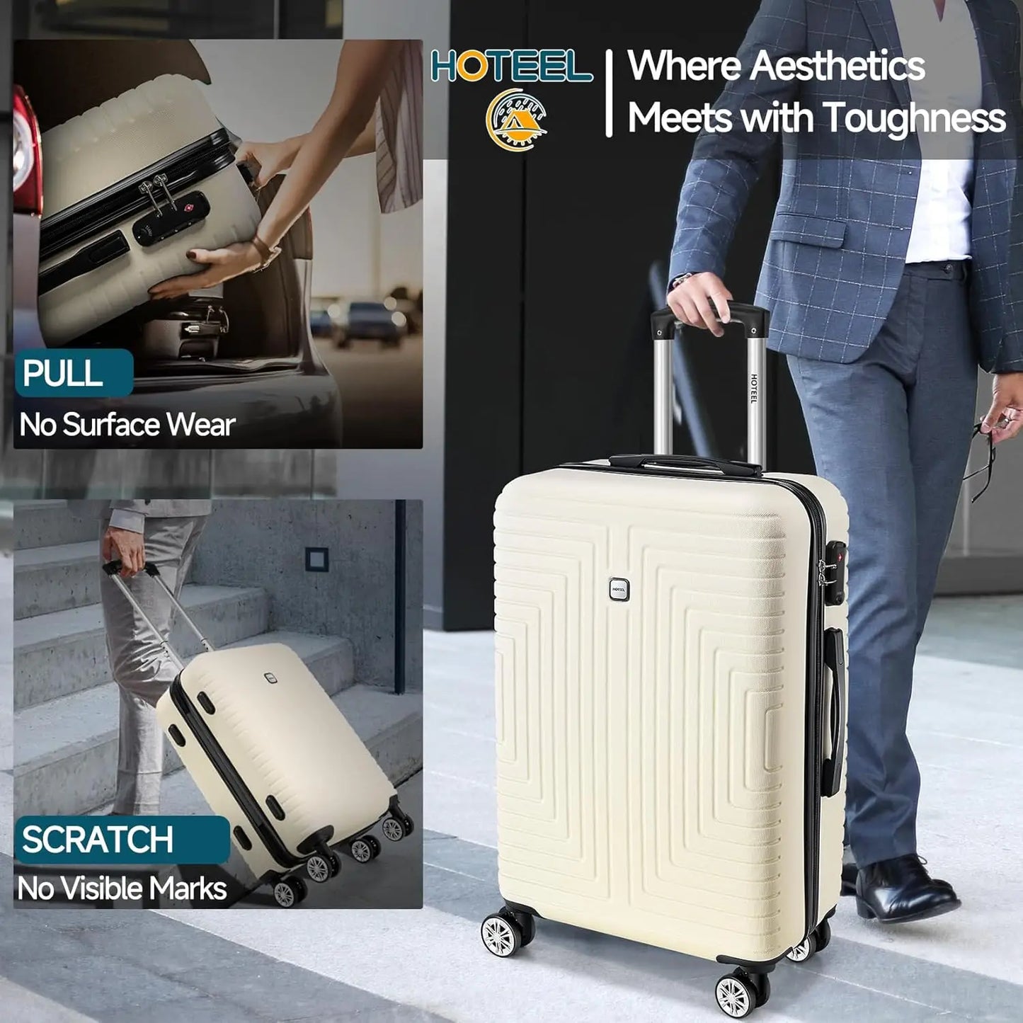 HOTEEL 3 Piece Hard Shell Luggage Set Spinner TSA Lock