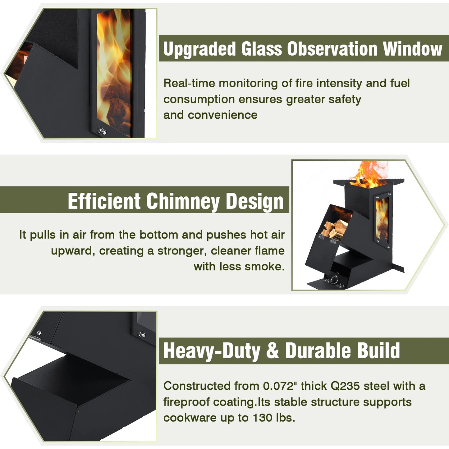 Portable Rocket Stove With Glass Door Wood Burning Camping Grill