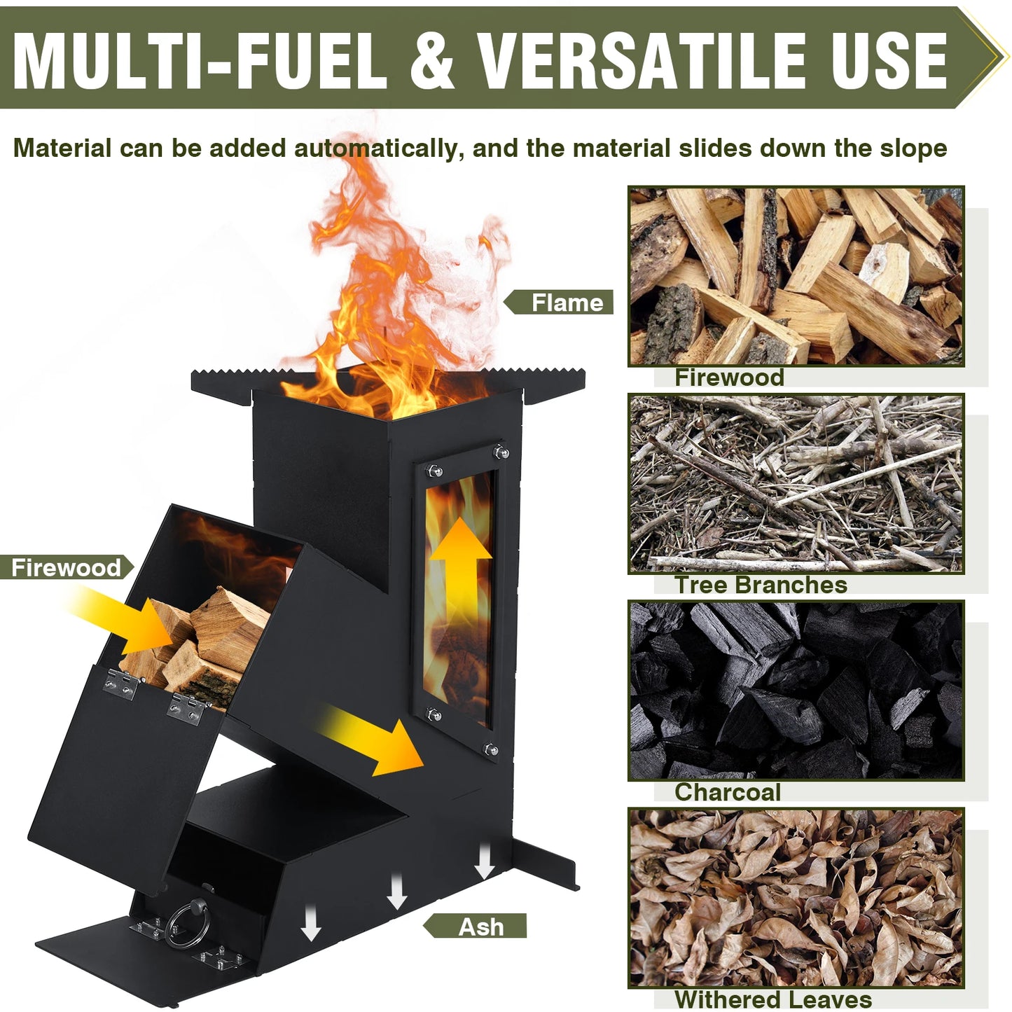 Portable Rocket Stove With Glass Door Wood Burning Camping Grill