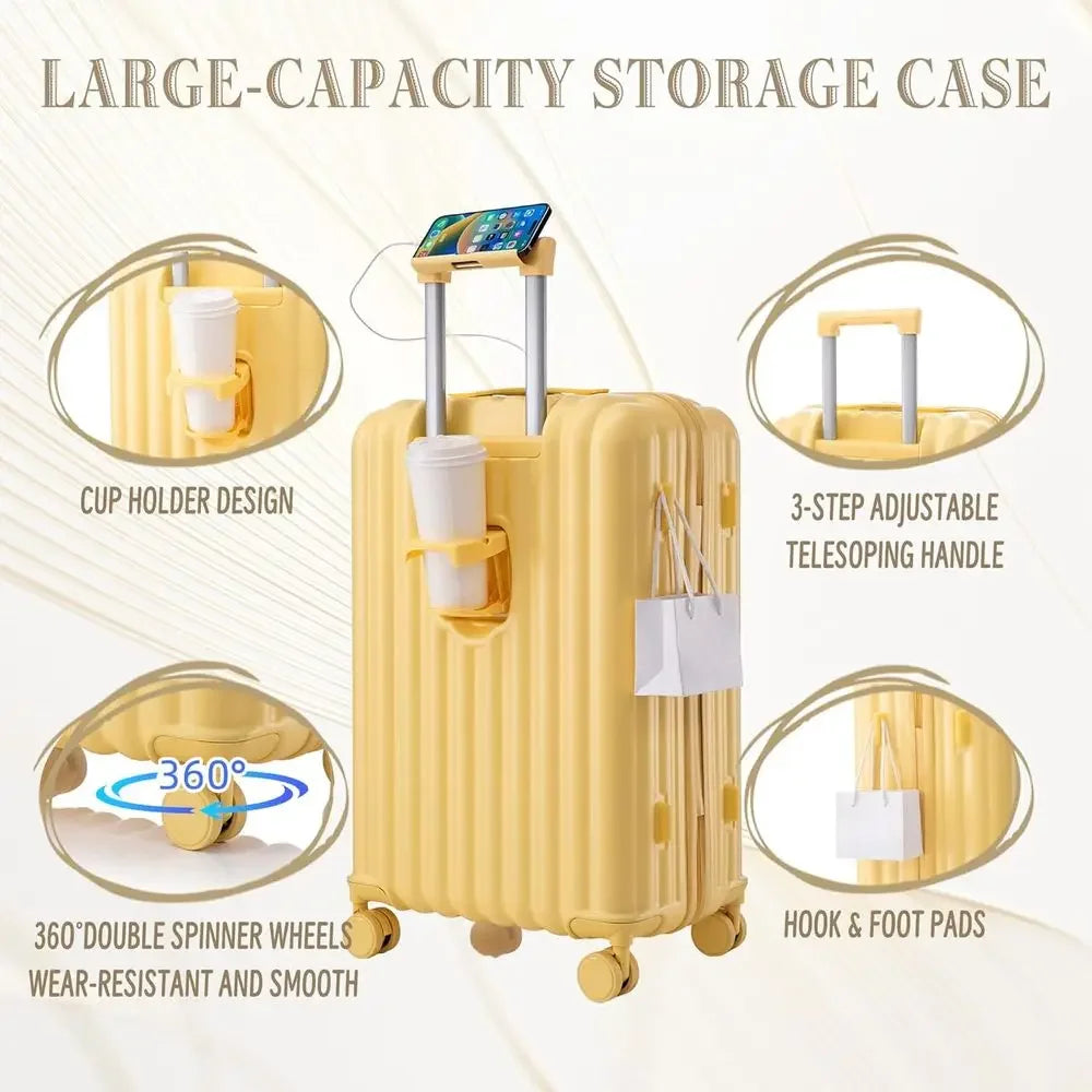 3 Piece Spinner Luggage Set With Lock And Cup Holders Carry On