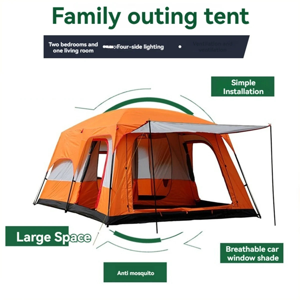 Outdoor Family Camping Tent With Removable Awning Ventilated Mesh Waterproof