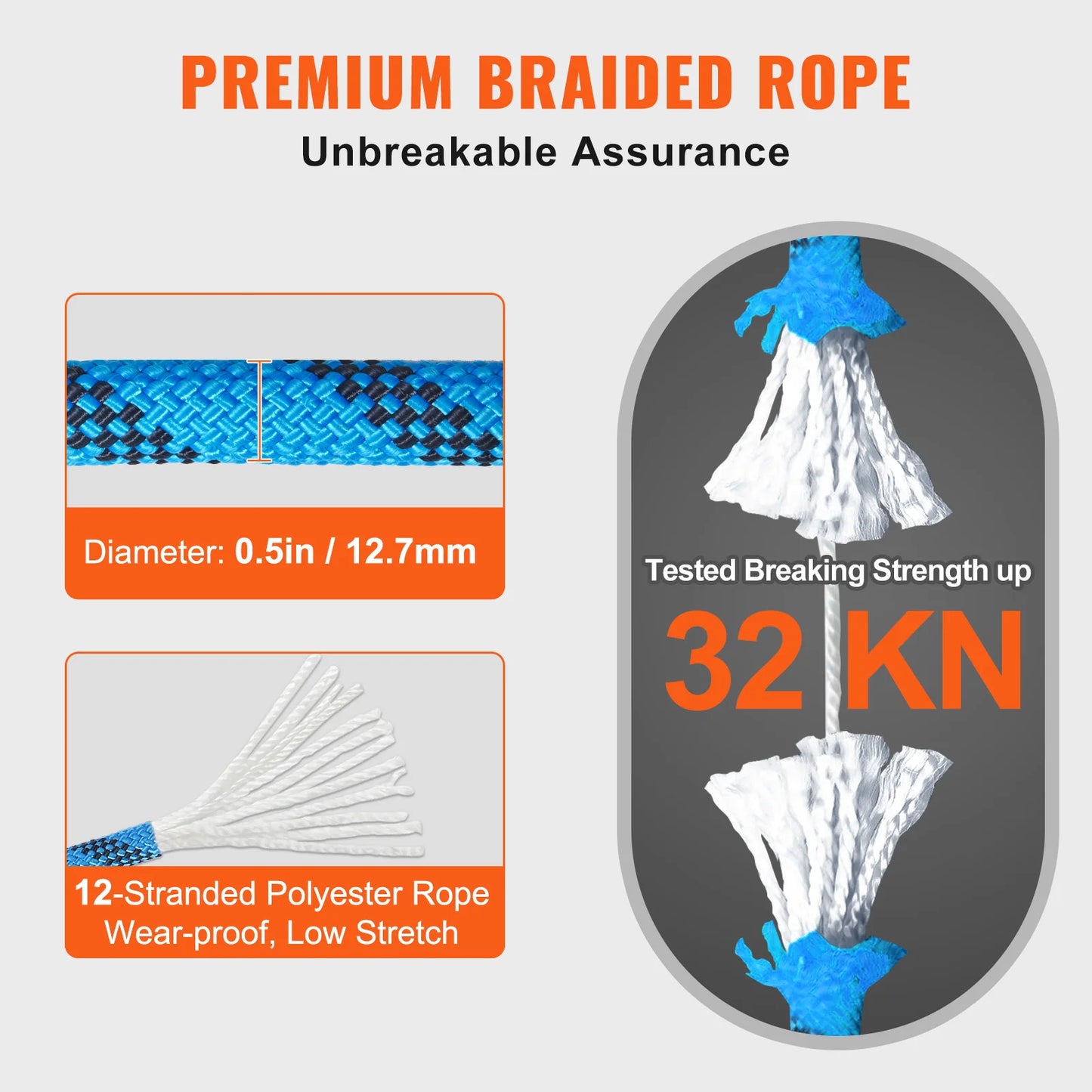 VEVOR Static Climbing Rope 32 Kilonewtons Breaking Strength Outdoor Use