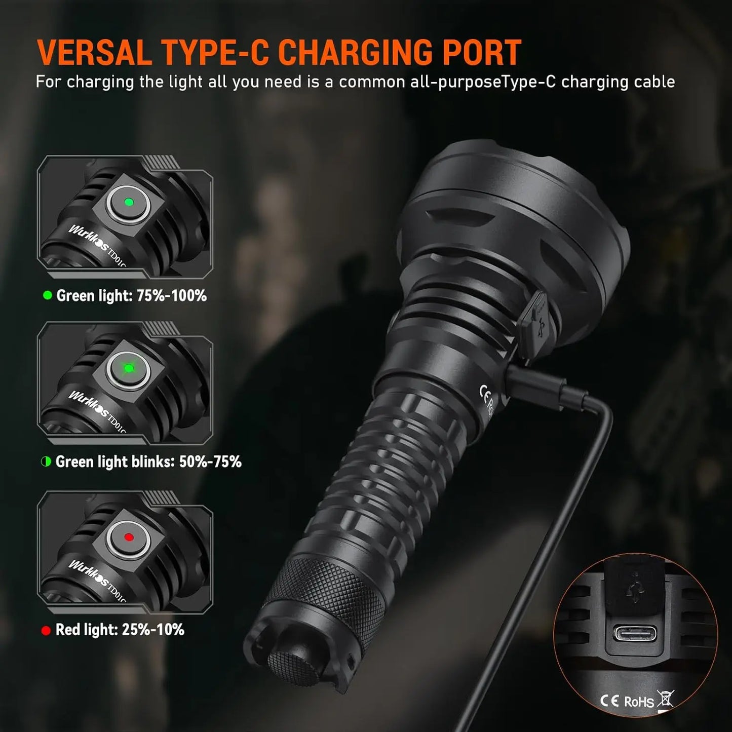 Wurkkos TD01C 21700 Rechargeable Tactical Flashlight 1800 Lm USB C