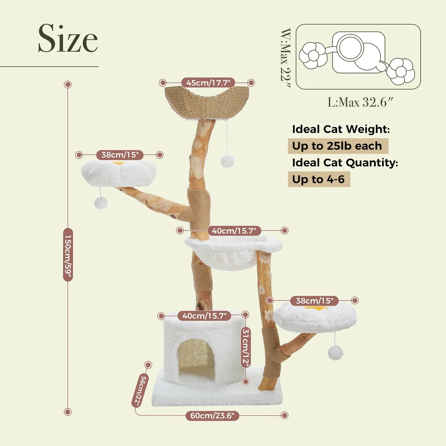PAWZ Road Cat Tree Tower With Sisal Scratching Post Wicker Basket Bed