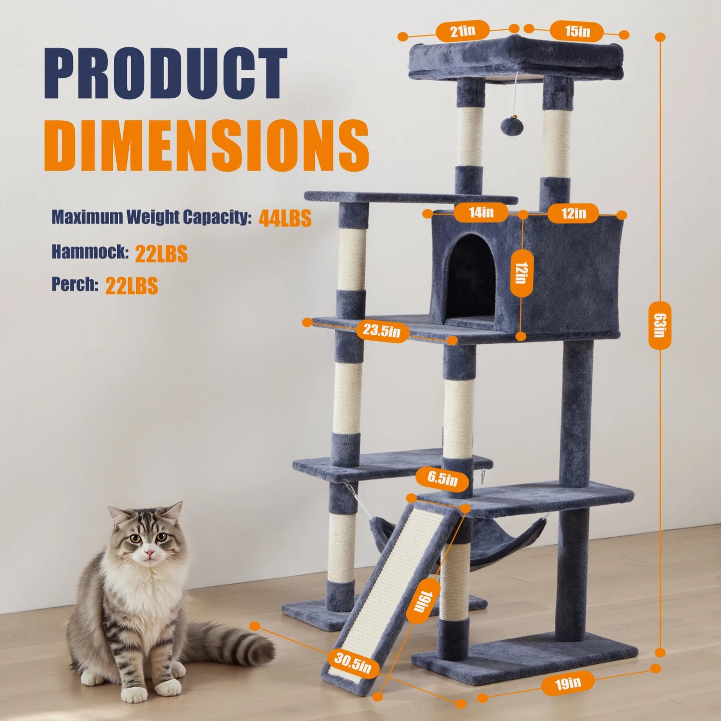 JHK Five-Tier Cat Tree Indoor Multi-Cat Climbing Tower Natural Sisal