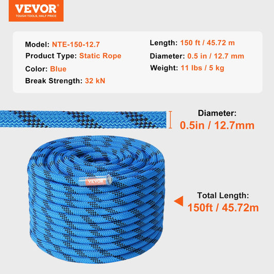 VEVOR Static Climbing Rope 32 Kilonewtons Breaking Strength Outdoor Use