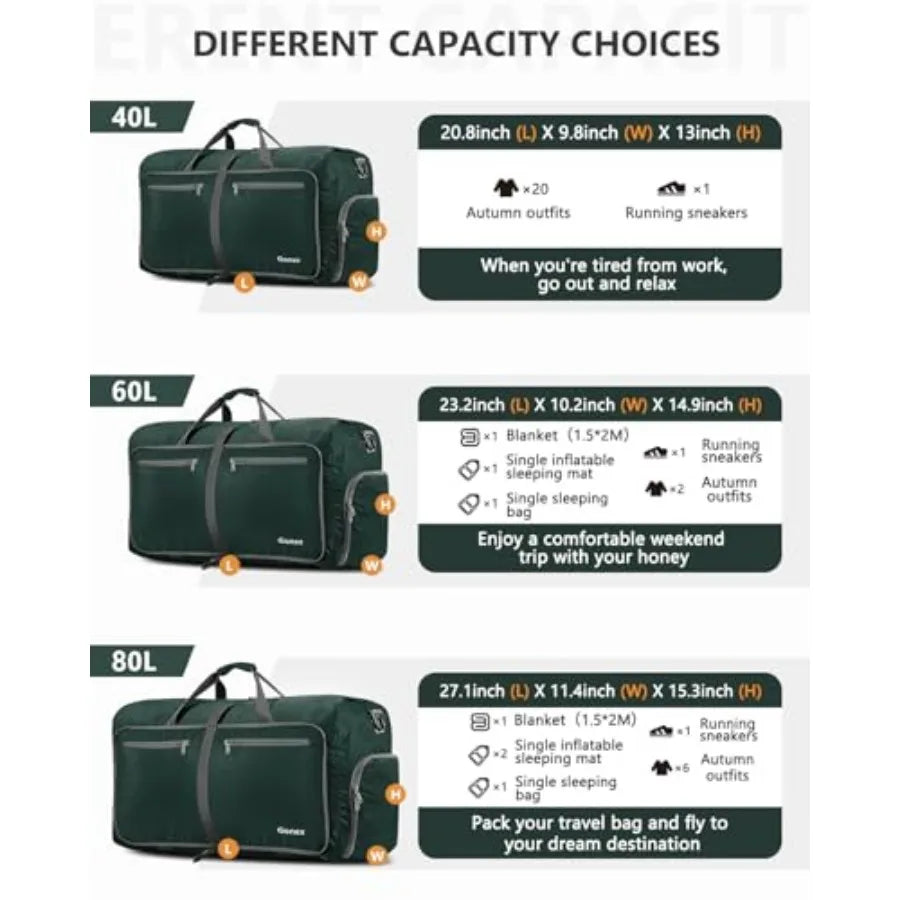 Foldable Travel Duffle Bag With Shoes Compartment Lightweight Water Repellent