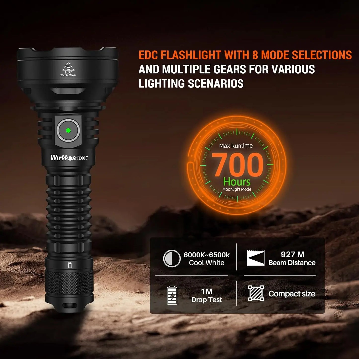 Wurkkos TD01C 21700 Rechargeable Tactical Flashlight 1800 Lm USB C