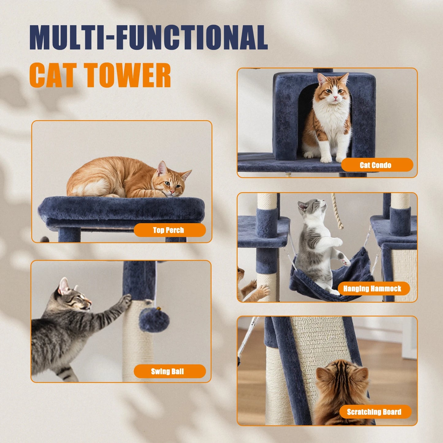 JHK Five-Tier Cat Tree Indoor Multi-Cat Climbing Tower Natural Sisal