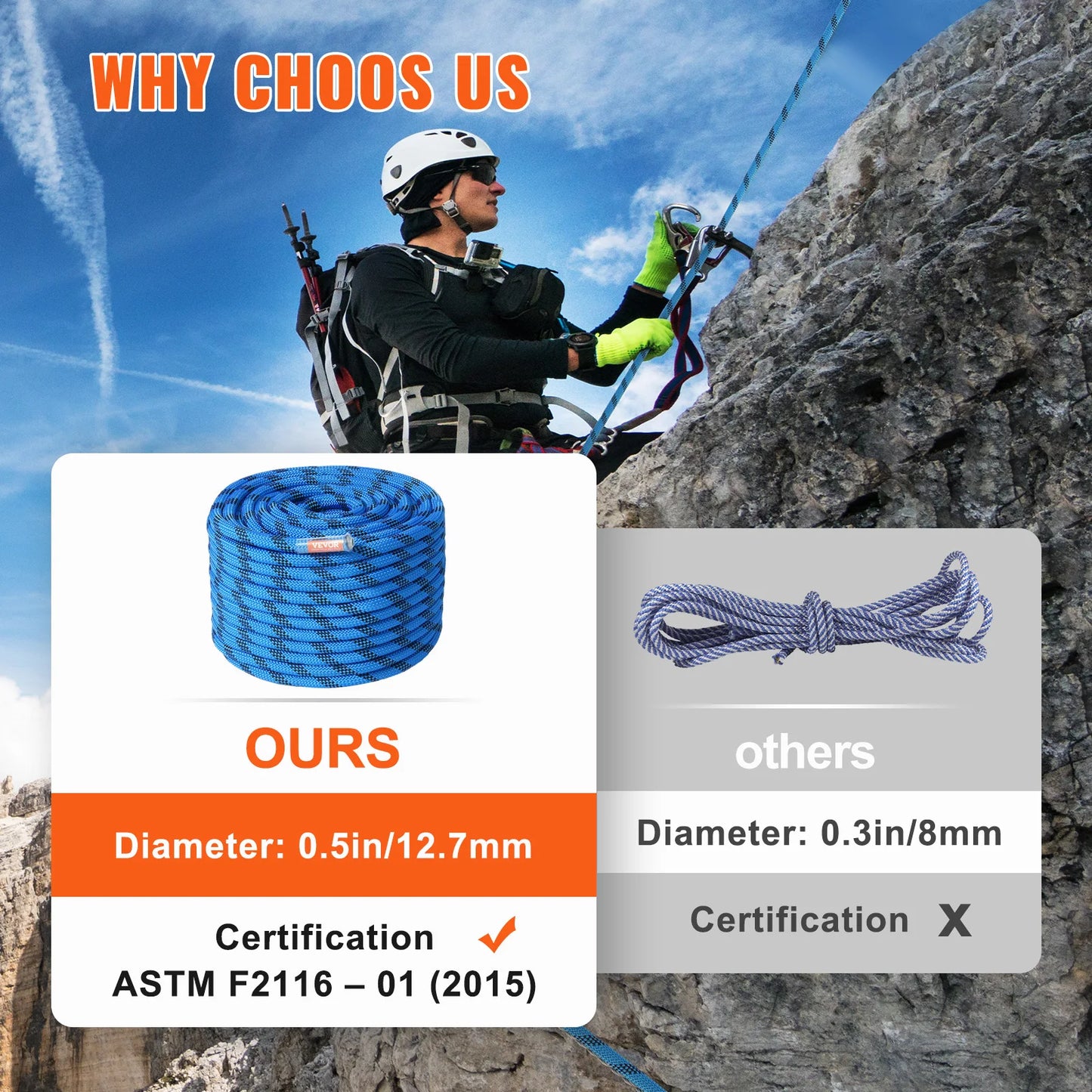VEVOR Static Climbing Rope 32 Kilonewtons Breaking Strength Outdoor Use