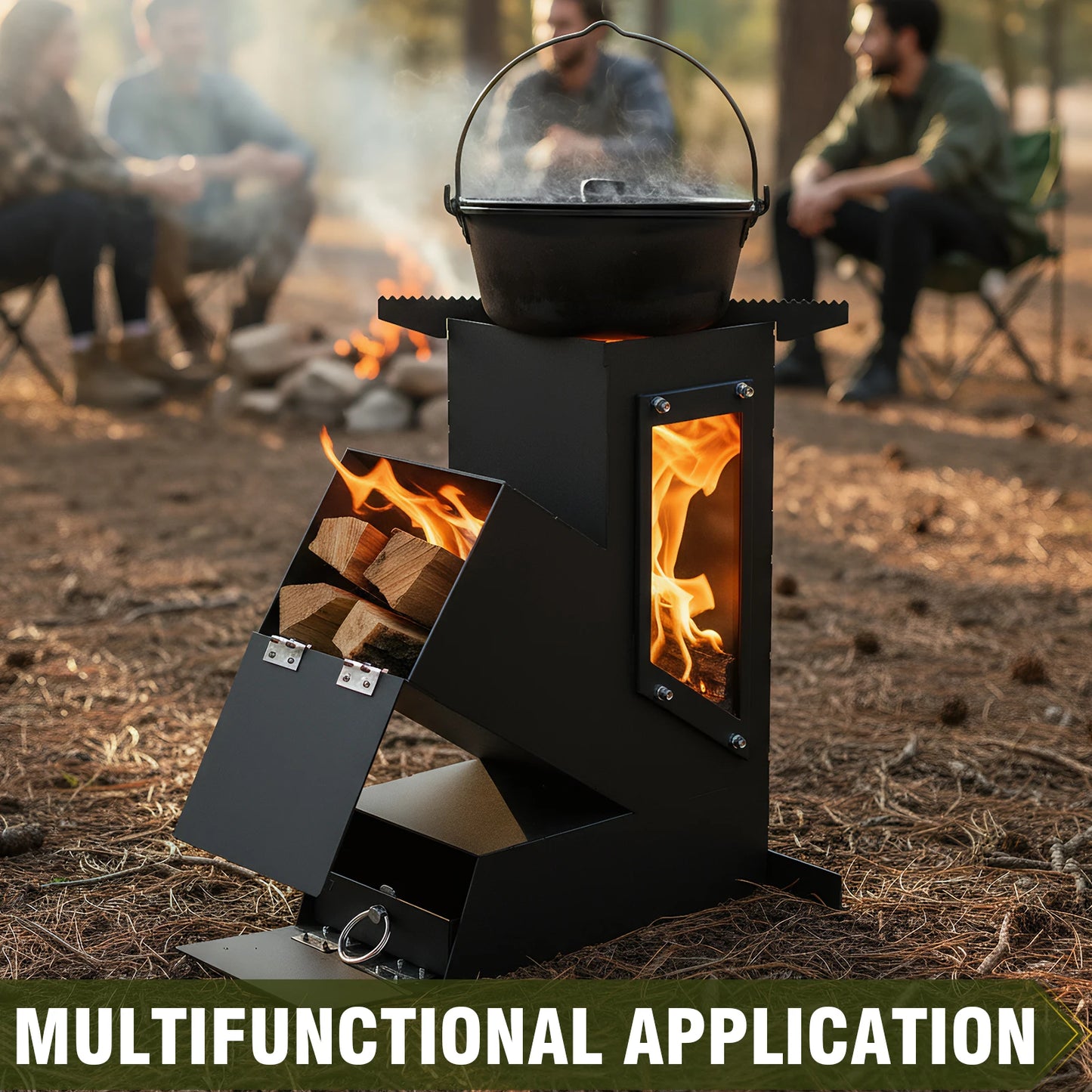 Portable Rocket Stove With Glass Door Wood Burning Camping Grill