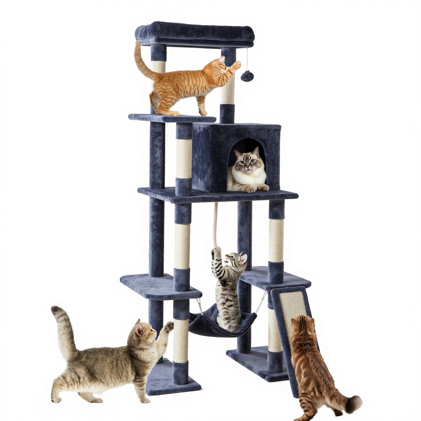 JHK Five-Tier Cat Tree Indoor Multi-Cat Climbing Tower Natural Sisal