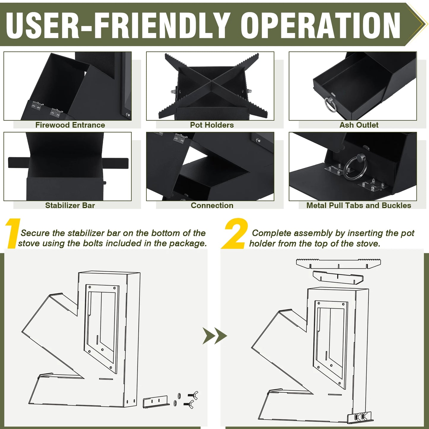 Portable Rocket Stove With Glass Door Wood Burning Camping Grill