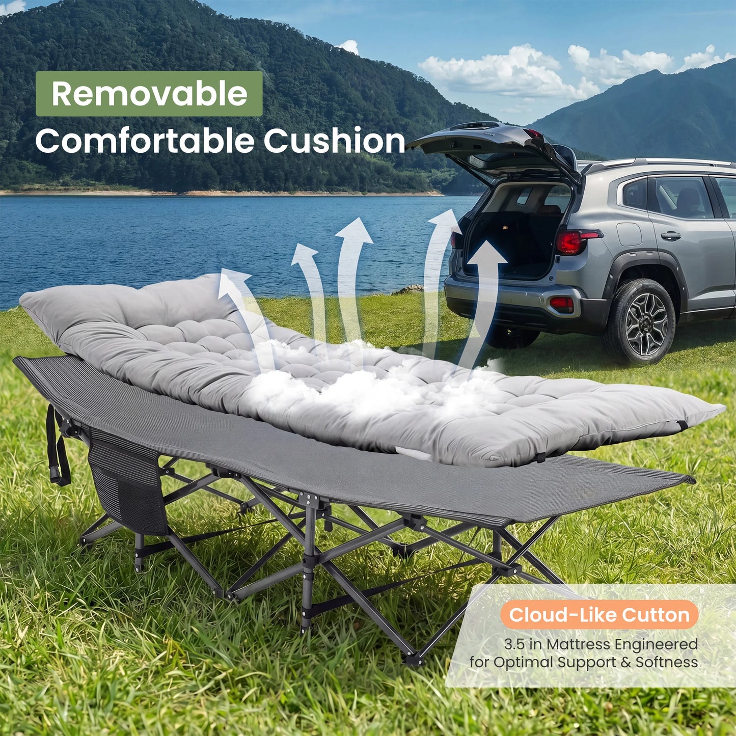 JHK Folding Camping Bed Lounge Chair Portable With Storage Outdoors