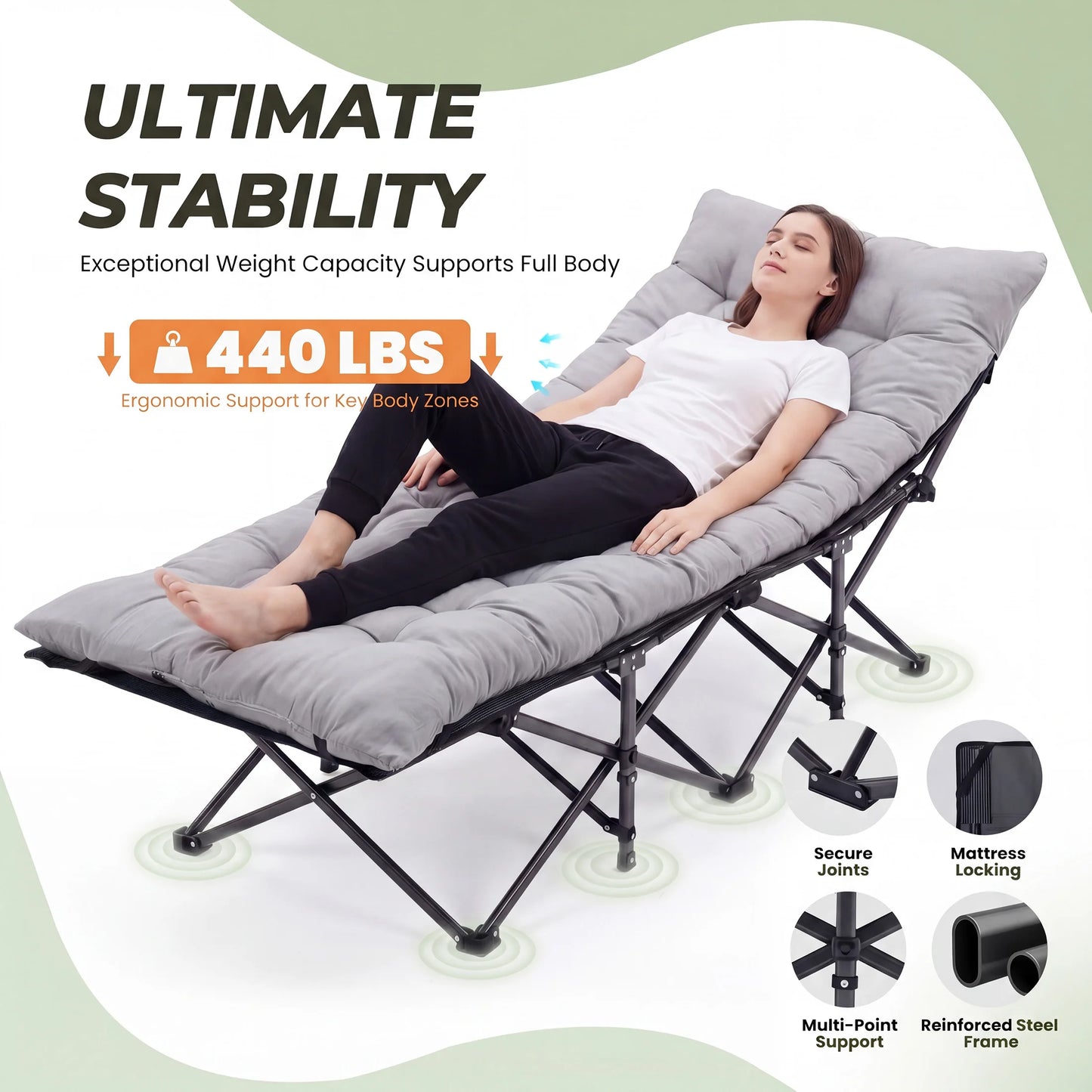JHK Folding Camping Bed Lounge Chair Portable With Storage Outdoors