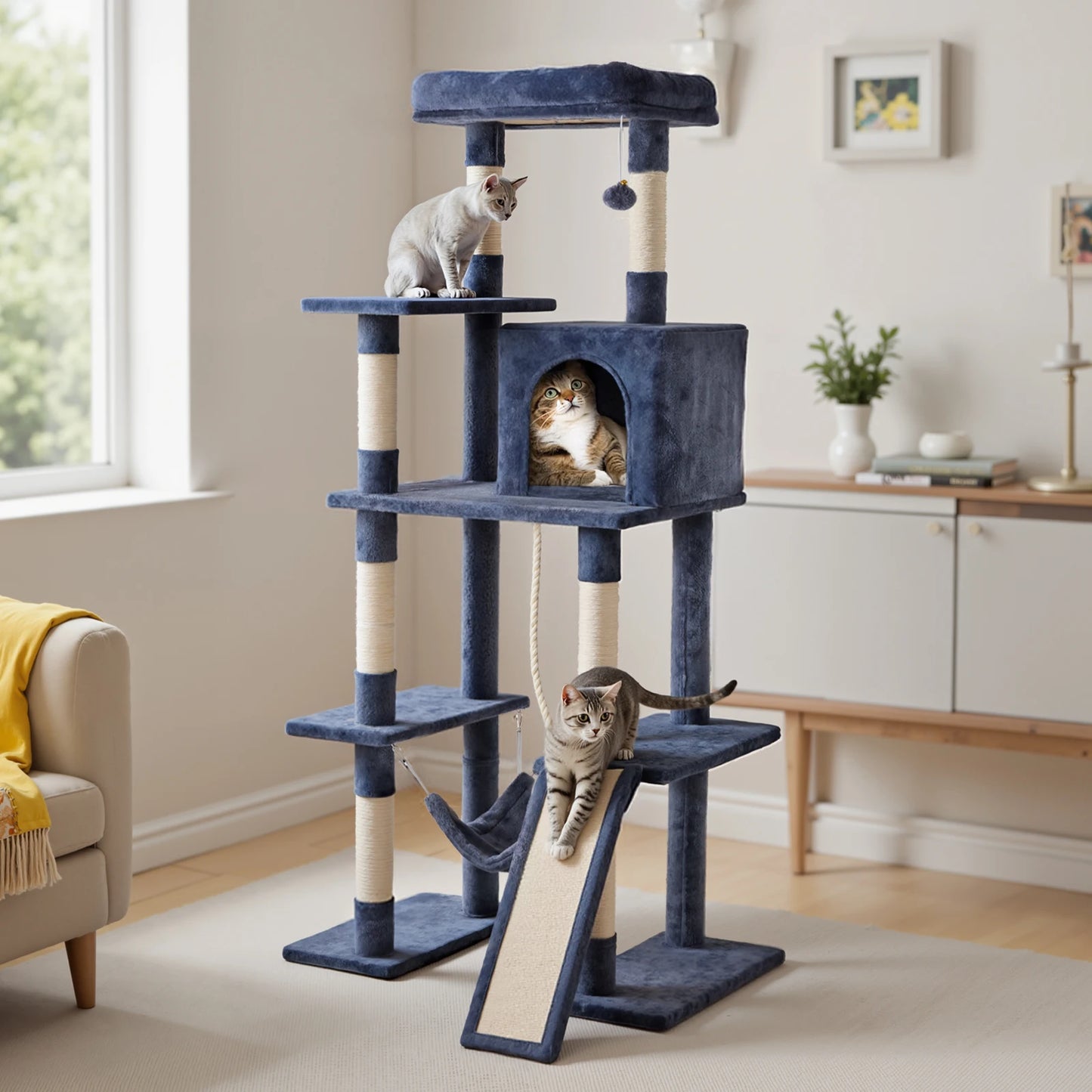 JHK Five-Tier Cat Tree Indoor Multi-Cat Climbing Tower Natural Sisal