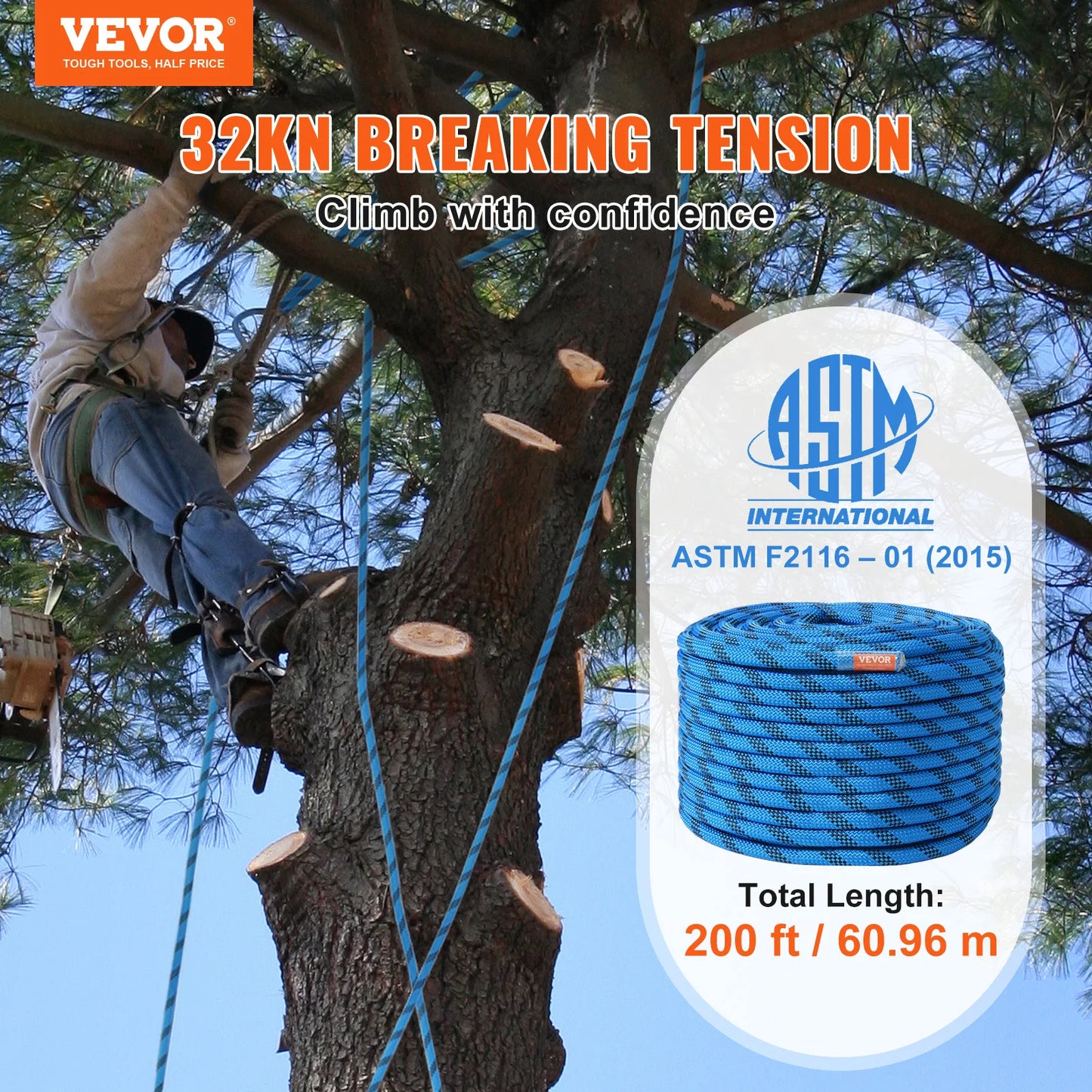 VEVOR Static Climbing Rope 32 Kilonewtons Breaking Strength Outdoor Use