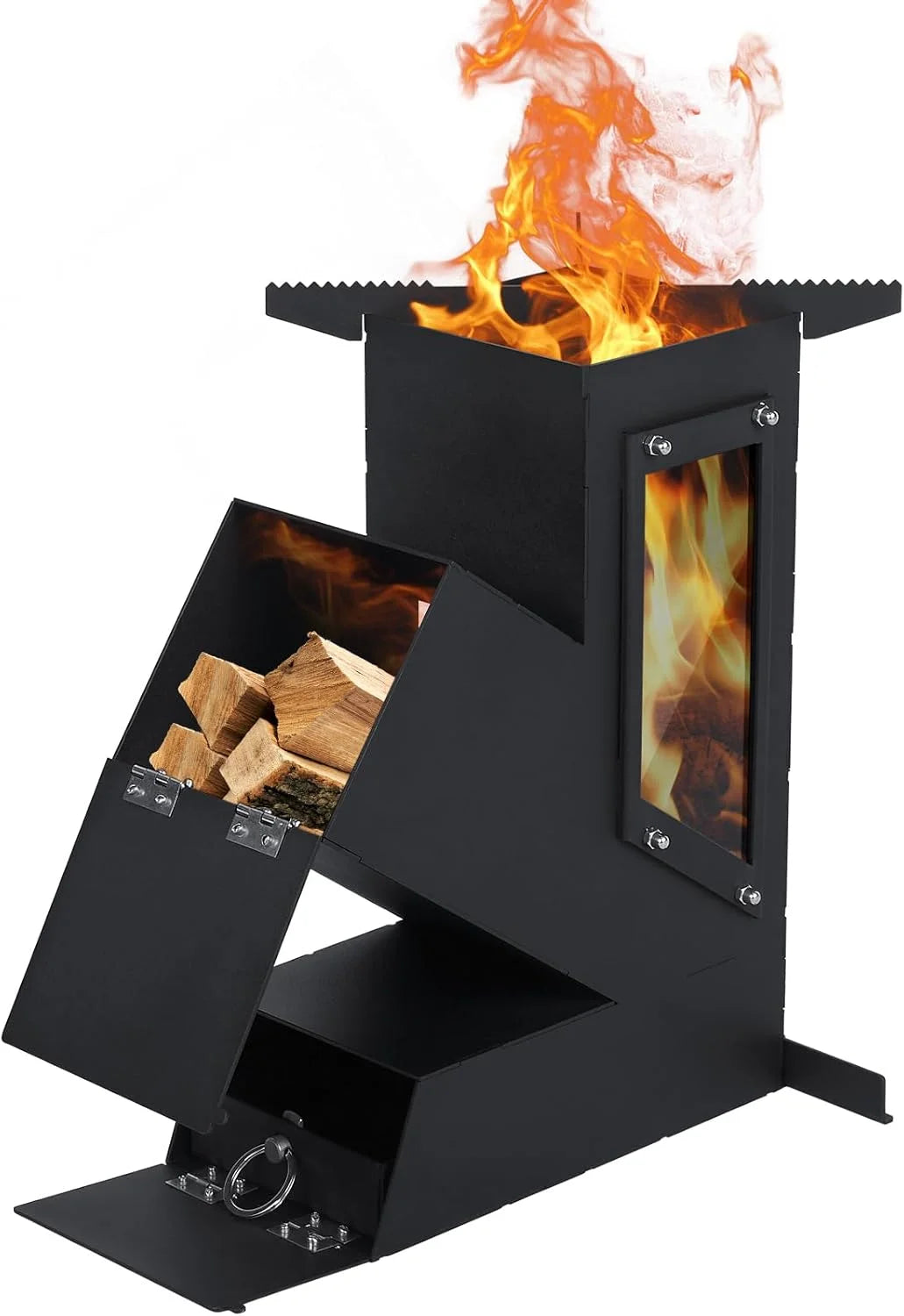 Portable Rocket Stove With Glass Door Wood Burning Camping Grill
