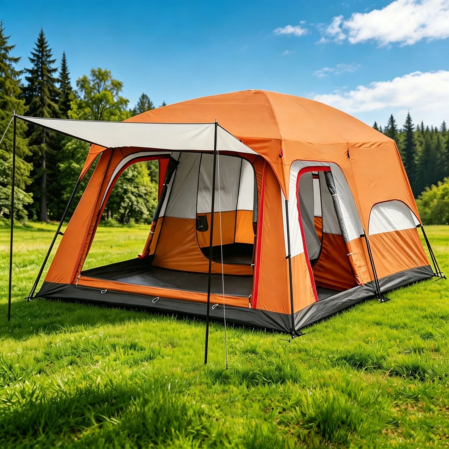 Outdoor Family Camping Tent With Removable Awning Ventilated Mesh Waterproof