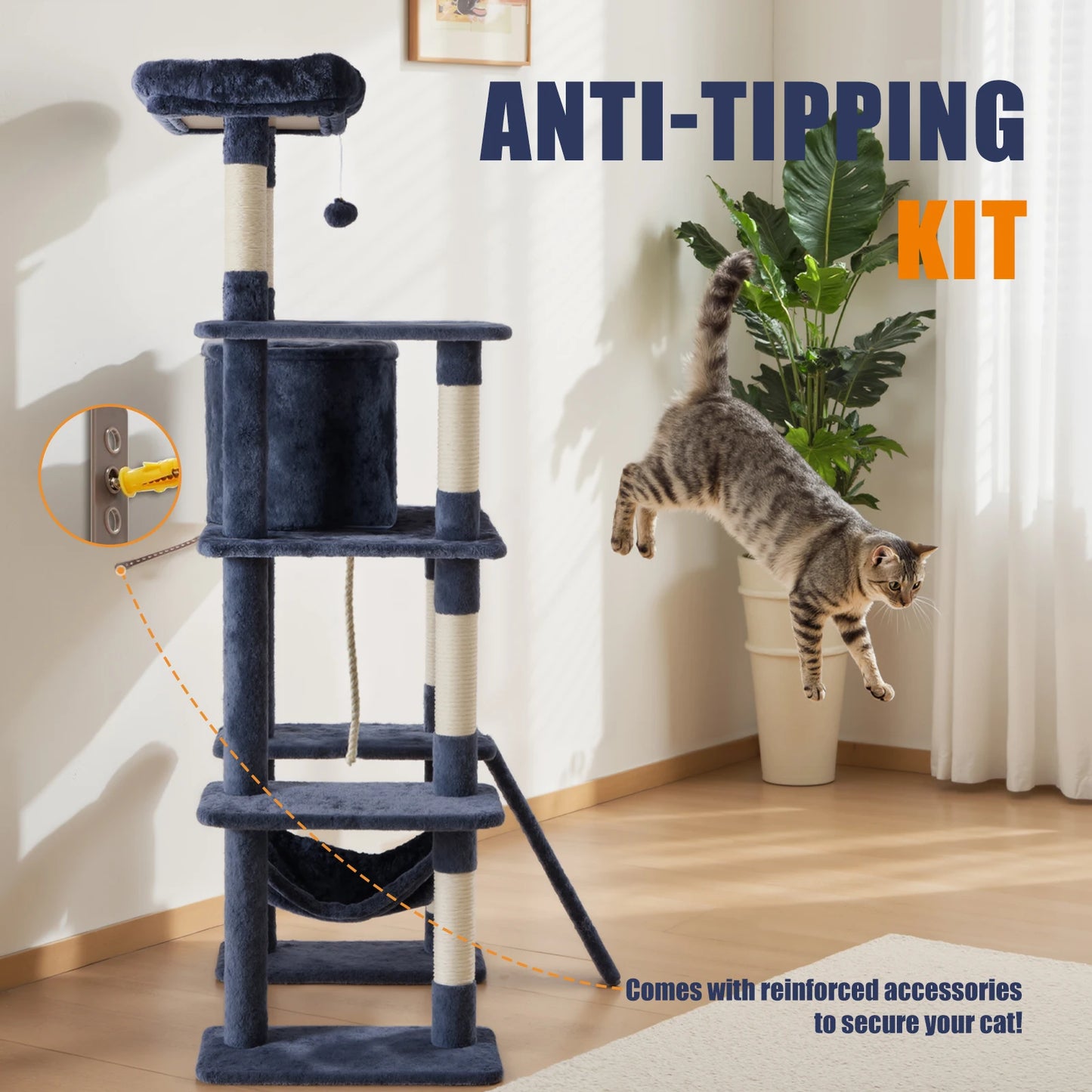 JHK Five-Tier Cat Tree Indoor Multi-Cat Climbing Tower Natural Sisal