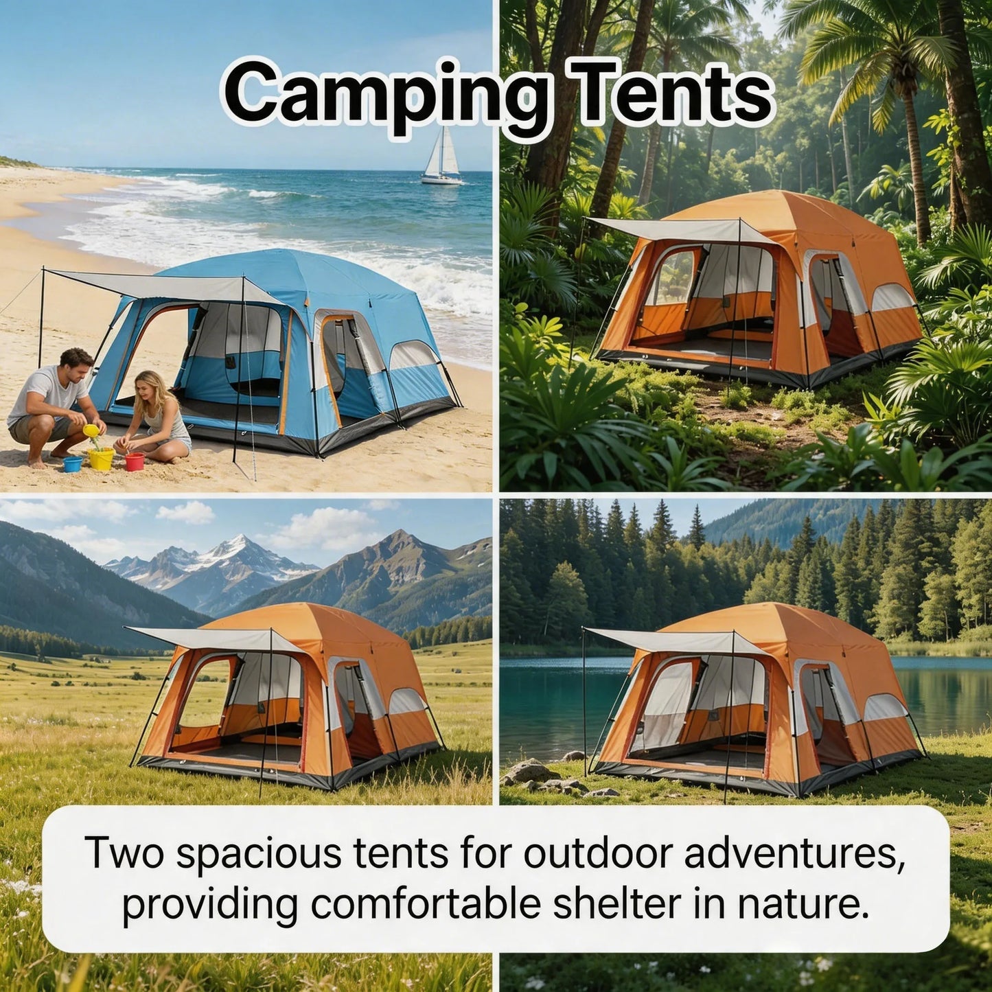 Outdoor Family Camping Tent With Removable Awning Ventilated Mesh Waterproof