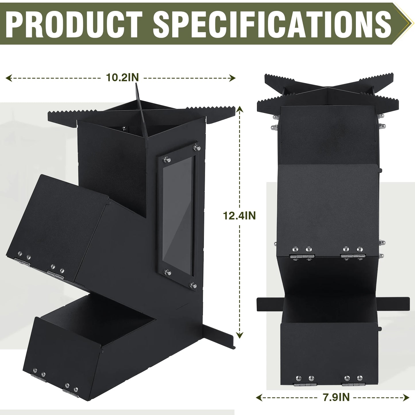 Portable Rocket Stove With Glass Door Wood Burning Camping Grill
