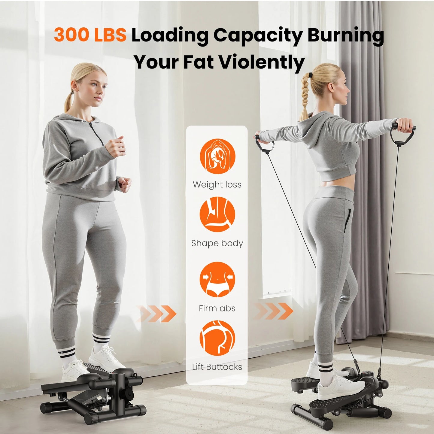 Mini Stepper With Resistance Bands Hydraulic 300 Lbs LCD Monitor